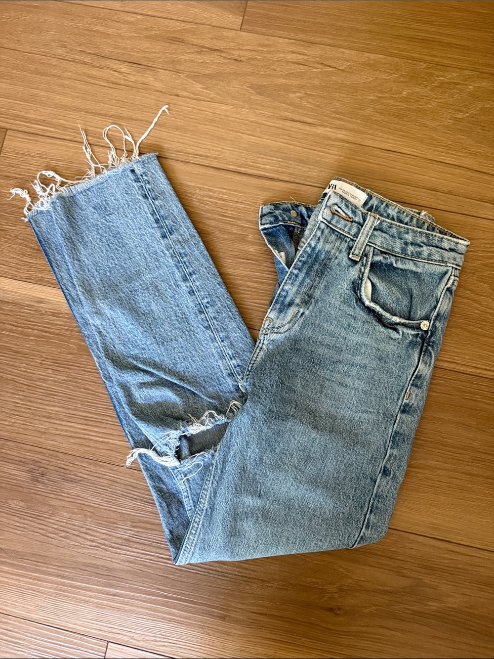 Zara Light Blue Distressed Straight Jeans
